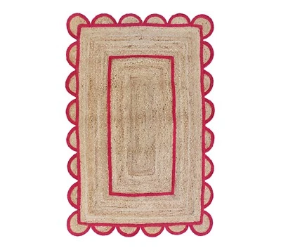 Scalloped Jute Rug Natural Boho Jute Area Rug with Dark Pink Border - Image 1 of 4