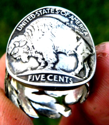 FULL HORN Buffalo Indian Nickel signet ring adjustable sterling silver wings - Image 1 of 4