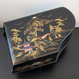 Caja de música vintage japonesa de madera con incrustaciones de laca negra para piano de cola - Imagen 1 de 14
