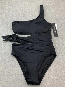 La Blanca Island Goddess Cutout Shoulder One Piece Swimsuit Womens 8 Black Silky - Picture 1 of 20