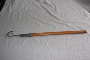 Vtg Folk Art Farm Tool Hay Hook Puller Primitive 2 Prong Wood Handle Metal 30" L - Picture 1 of 7