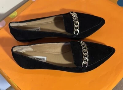Steve Madden Farrell 黑色麂皮绒平底乐福鞋金链全新无标签女士 9.5 原装 89 美元 — 第 1/4 张图片