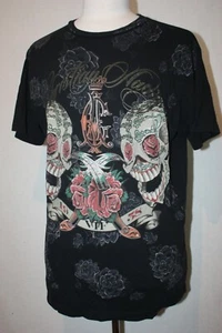 Camiseta Christian Audigier Para Hombre Talla XXL Negra Doble Calaveras Rosas Hecha en EE. UU. - Imagen 1 de 6
