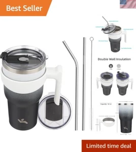 Versatile 30 oz Insulated Travel Mug with Handle & Straws - Spill-Proof Design - Picture 1 of 9