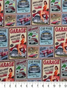 LINED WINDOW VALANCE CURTAIN 42 X 12 PIN UP GIRL GARAGE CAR MECHANIC CAR WASH - Picture 1 of 3