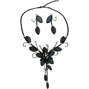 Black Elegant Metal Mesh Rhinestone Jewelry Necklace Earrings Set Floral Vines - Picture 1 of 16