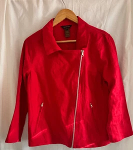 MULTIPLES SIZE MEDIUM RED LINEN MOTTO Front Zippers Collar Jacket - Picture 1 of 5