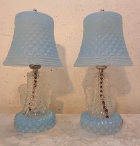 2 Vintage Blue Glass Art Deco Boudoir Vanity Bedside Table Lamps Pair Nice! - Picture 1 of 16