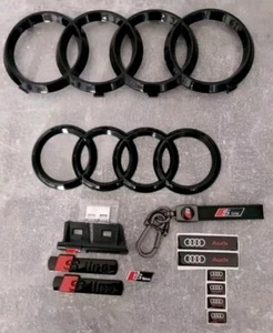 Audi Set S-Line Emblem Ringe V+H Kühlergrill 273+202MM Glanz Schwarz Kotflügel - Bild 1 von 13