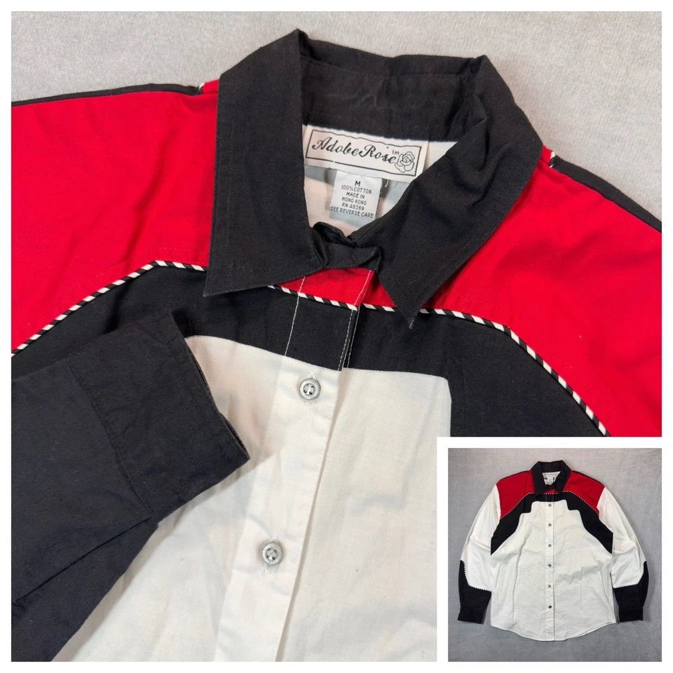 Adobe Rose Western Shirt Women Medium Vintage Black White Red Cowgirl Rodeo EUC - Image 1 of 4