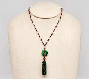 Geschnitzte grüne Jade Fass Perlen Halskette 16 Zoll - Bild 1 von 13