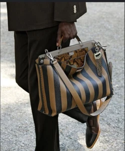 Fendi Nubuck Pequin Peekaboo Handbag Medium Brown Red Striped Turn Lock RRP£4390 - Picture 1 of 21