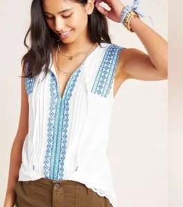NWOT By Anthropologie Sigrid White Blue Embroidered Top SMALL Keyhole Tie Front - Picture 1 of 14