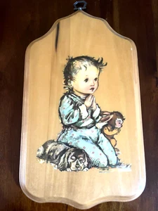 Vintage Cute Kneeling Praying Child with Dog and Rabbit on Wood Plaque. - Picture 1 of 4