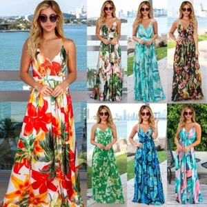 Women Dresses Floral Spaghetti Strap V Neck Boho Long Maxi Dress Summer Sundress - Picture 1 of 54