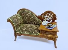 Dollhouse Miniature Wooden Walnut Gossip Bench With Antique Telephone & Book