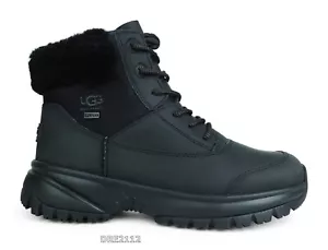 UGG Yose Fluff Black Leather Fur Boots Womens Size 8 -NEW- - Picture 1 of 7