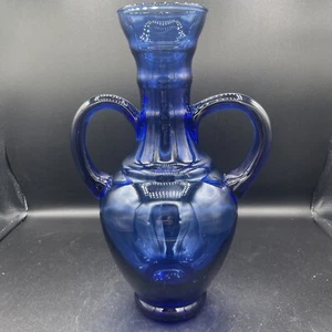 Antico vaso vintage in vetro blu cobalto soffiato a mano manici applicati made in Spain - Foto 1 di 9