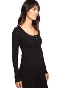 Free People Medium Black Henley Hollow Out Openwork Knit Long Sleeve Raw Hem NWT - Picture 1 of 15