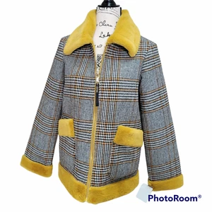 NWT Juicy Couture Black Label Houndstooth Plaid Jacket Faux Fur Trim Size Small - Picture 1 of 16