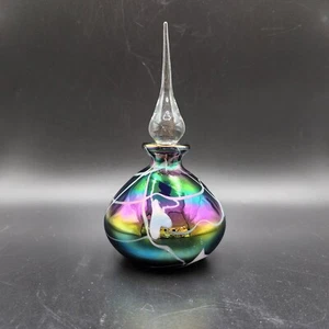 Vintage Iridescent Perfume Bottle Hanging Hearts 6 1/2"H W/ Blown Glass Stopper - Picture 1 of 20