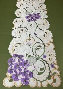 Purple Embroidered Floral Table Runner Ivory, Light Cream Base Fabric Green - Picture 1 of 2