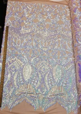 Iridescent Sky Blue/Nude Stretch Nylon Spandex Mesh Sequin Fabric  - Image 1 of 4