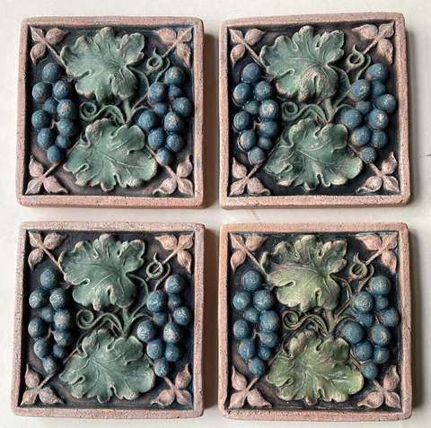 4 ELLISON TILES Grapes Leaves & Vines Winery Arts & Crafts Gothic Style Wine Cover