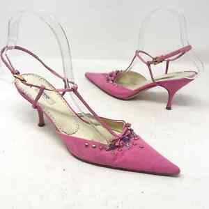 Prada Vintage Pink Crystal Quartz Slingback Pointed Toe Kitten Heels Size 37