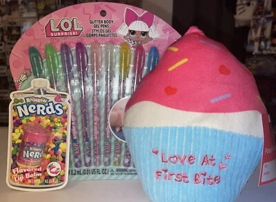 L.O.L Glitter Body Gel Pens, Nerds Rainbow Lip Balm, And Cupcake Plush Brand New - Image 1 of 4