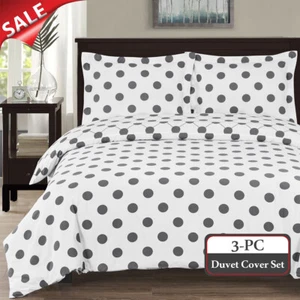100% Cotton Percale White/Grey 3PC Polka Dots  Duvet Cover With Matching Shams - Picture 1 of 2
