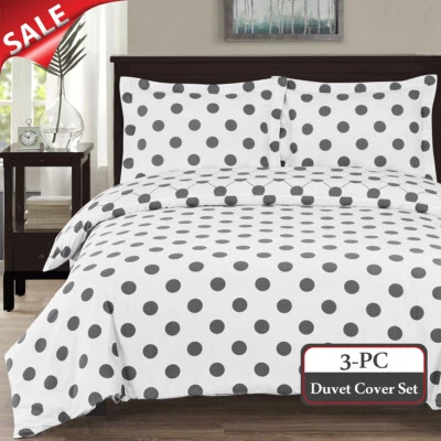 100% Cotton Percale White/Grey 3PC Polka Dots  Duvet Cover With Matching Shams - Image 1 of 2