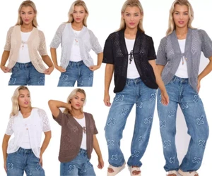 Womens Tie Up Open Front Shrug Ladies Knitted Cropped Bolero Short Cardigan Top - Picture 1 of 22
