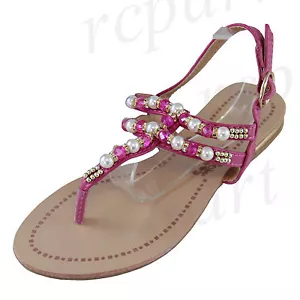 New girl's kids sandals Fuchsia pearl beads comfort casual open toe summer - Picture 1 of 10