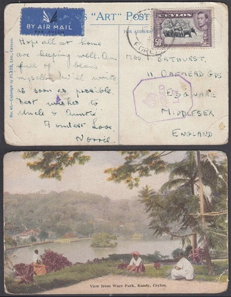 TARJETA CENSURADA CORREO AÉREO ELEFANTES SALVAJES CEILÁN 1942 KGVI 50c (ID:565/D62760) Foto 1 de 1