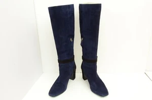 Authentic Hermes Suede Boots Long Navy Zip Black Belt Buckle Shoes Block Heels - Picture 1 of 12