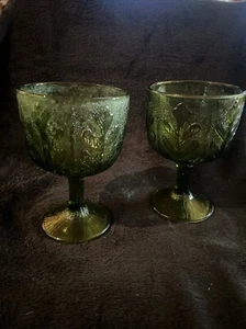 PAAR 2 VINTAGE grüner Stiel Vertiefung Glas Kelch Eichenblatt Textur 1975 FTD - Bild 1 von 7