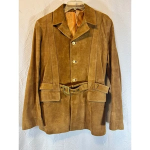 Vintage Suede Leather Jacket Belted Camel Brown Western Style Size 42 Chest - Picture 1 of 10
