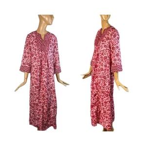 Danville Baumwolle Blumen Blockprint rosa rot Vintage 70er Maxikleid Kaftan - Bild 1 von 9