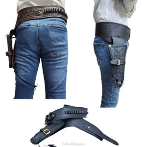 Cowboy Style Gun Revolver Single Embossed Black&Brown Left Holster Leather Belt - Picture 1 of 12