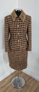 Hobbs Tweed Suit Size 12 Beige Woven Jacket Skirt Womens Fur Collar Vintage  - Picture 1 of 14