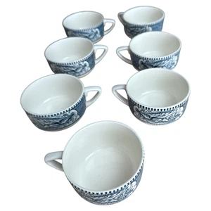 Menge 7 Currier & Ives Früher Winter Flache Tee/Suppentassen Blau Royal China USA - Bild 1 von 6