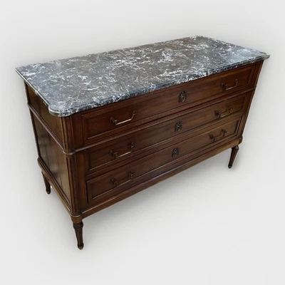 ANTIQUE FRENCH LOUIS XVI MARBLE-TOP MAHOGANY COMMODE CHEST OF THREE DRAWERS - Image 1 of 4
