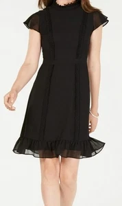 NUEVO Vestido Adrianna Papell Negro Cuello Alto Volantes Calce Acampanado Texturizado - Imagen 1 de 10