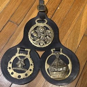 Vintage Brass Horse Medallions on Leather Strap Saddle Bridle Harness - Picture 1 of 9