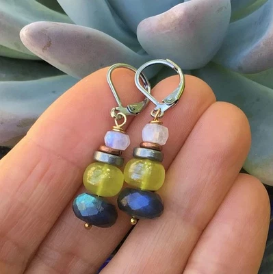 SUNDANCE CHARM MOONSTONE LABRADORITE LEMON QUARTZ EARRINGS ARTISAN JEWELRY - Image 1 of 4