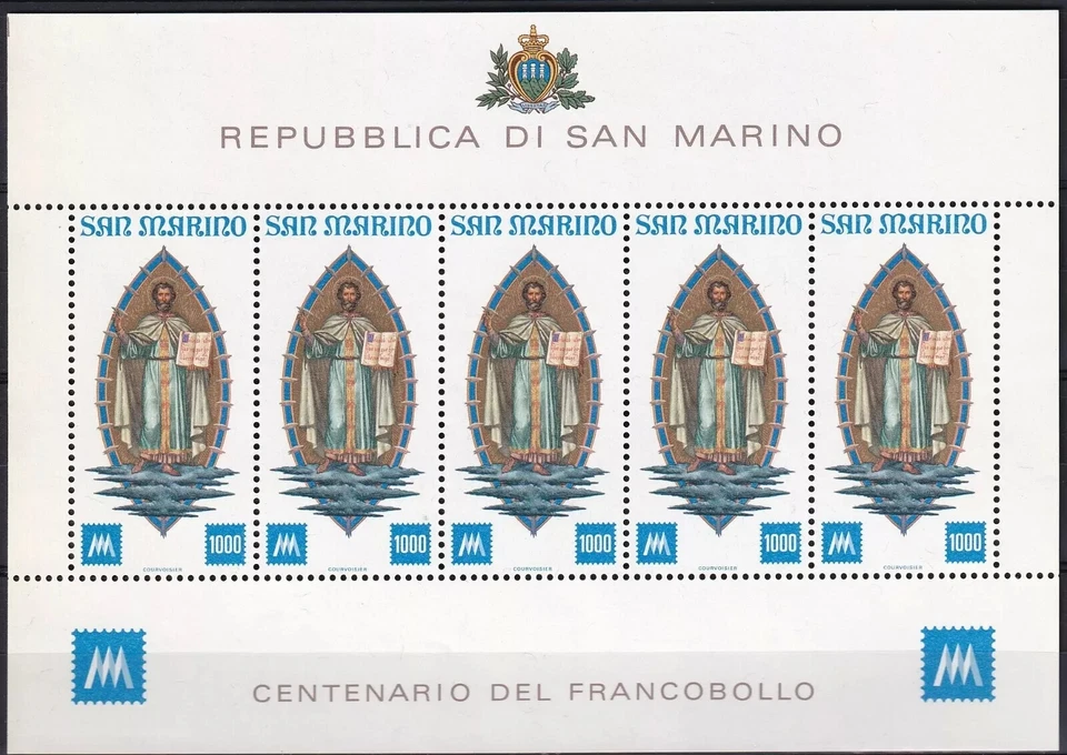 Mini centavo hoja San Marino 1977 Yvert 949. Primera estampilla de San Marino MNH VF Foto 1 de 1