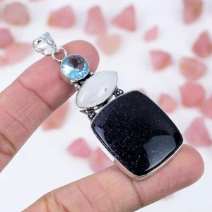 Blue Sunstone 925 Silver Plated Handmade Pendant of 2.7" - Picture 1 of 3