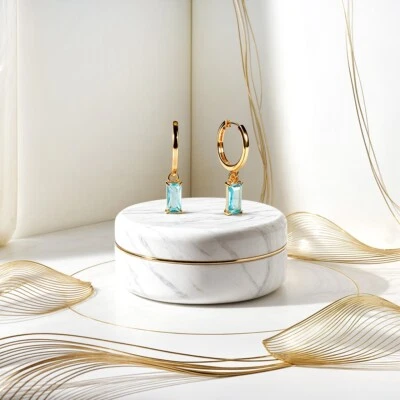 Pendientes colgantes de topacio azul Huggie pendientes de aro pendientes de piedras preciosas regalos de boda Foto 1 de 4