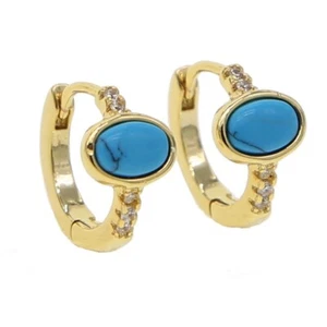 ZARD Huggie Hoop Earrings with Turquoise Single Stone and CZ Pavé In Gold Plate - Picture 1 of 3
